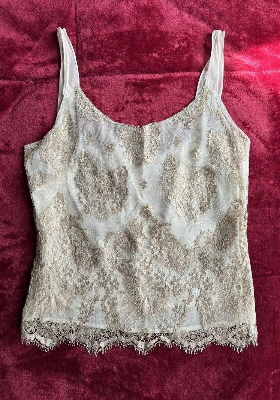 ST.JOHN COUTURE cami y2k babydoll S Gold Lace Over Beige Silk Sleeveless Top